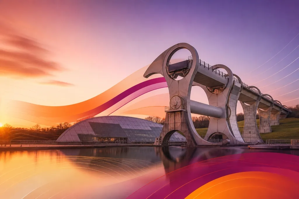 The Falkirk Wheel with brand-aligned orange and magenta light trails