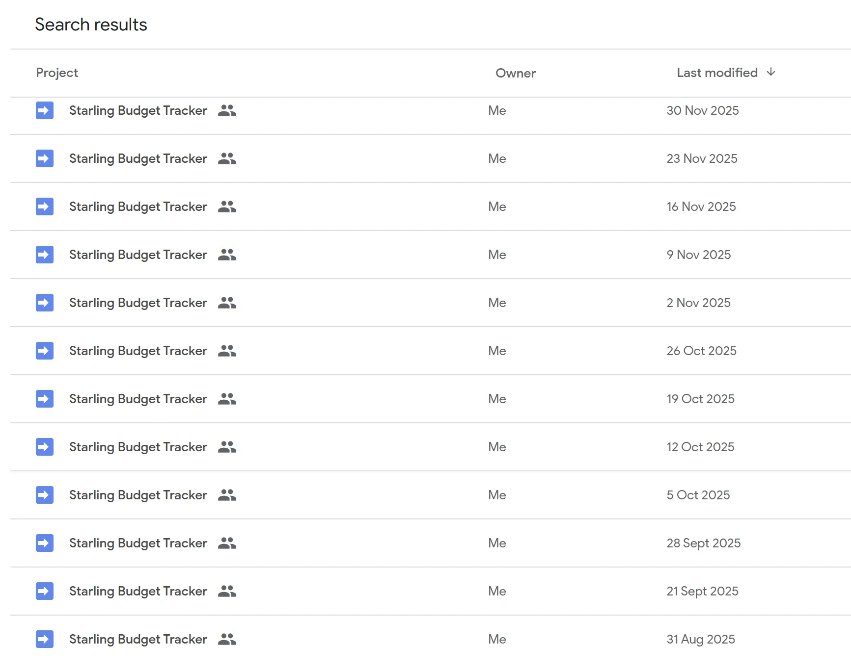 Screenshot showing multiple Google Apps Script projects with the same name 'Starling Budget Tracker' in Google Drive