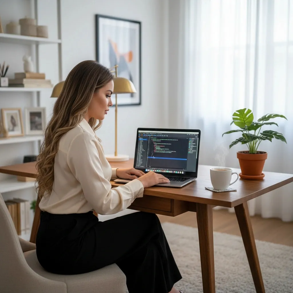 Nicola Berry working on code at a desk with a laptop - Google Apps Script Specialist