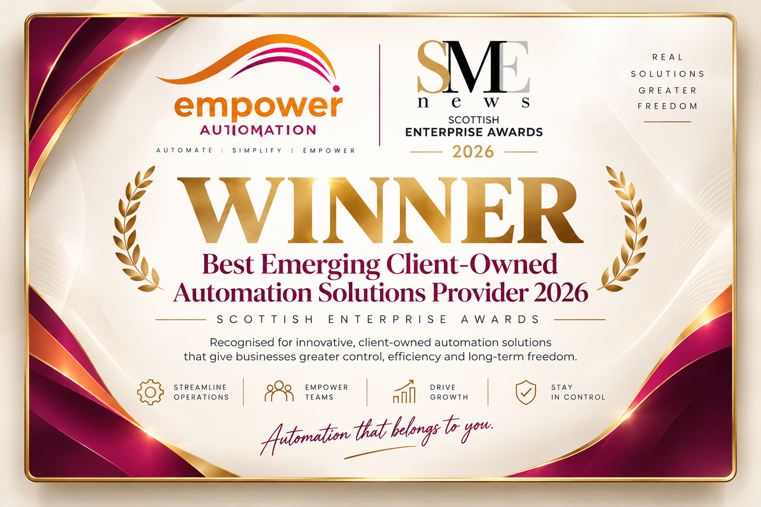 Scottish Enterprise Awards 2026 - Best Emerging Client-Owned Automation Solutions Provider 2026